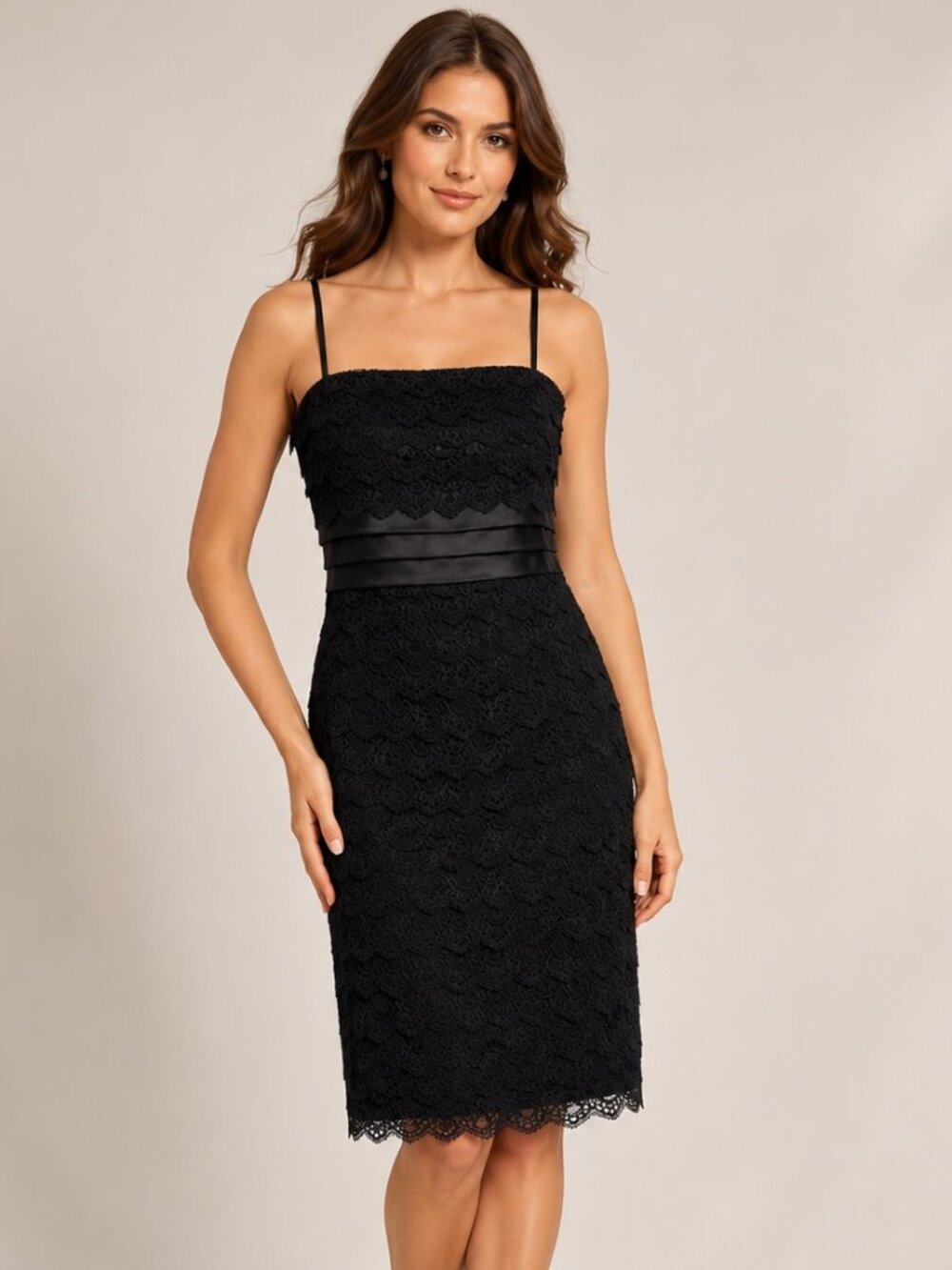 Anne Klein NY Vintage Black Lace Silk Empire Waist Cocktail Sheath Dress Size 10